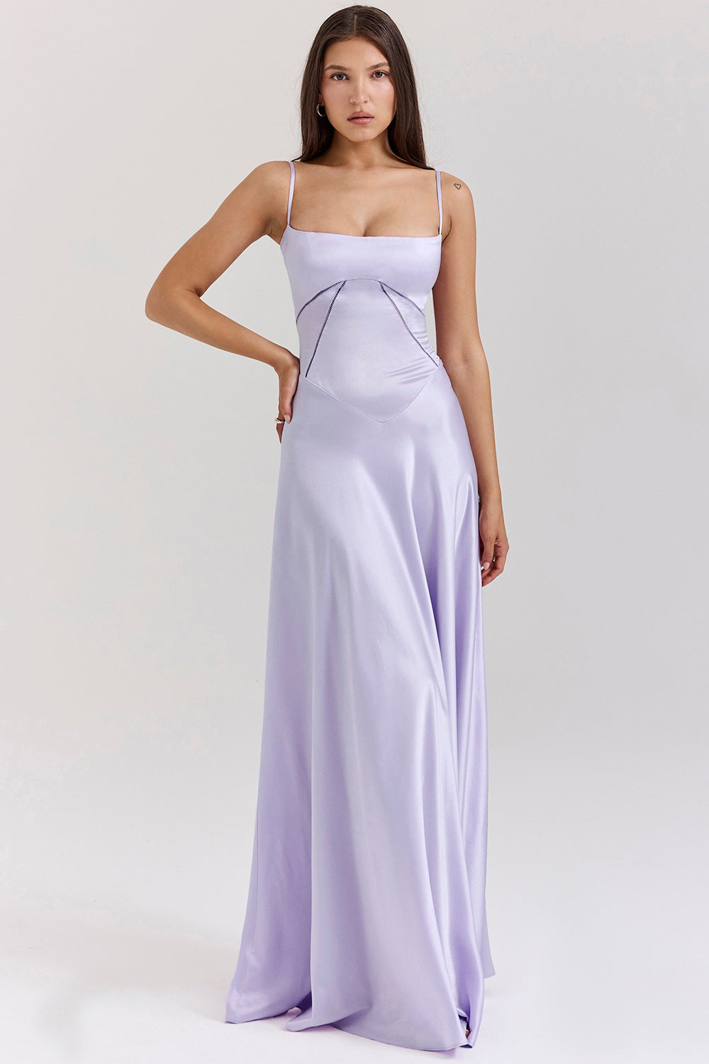 Women's Elegant Maxi Dress with Slim Spaghetti Straps and Flowing Satin Fall Lisslune