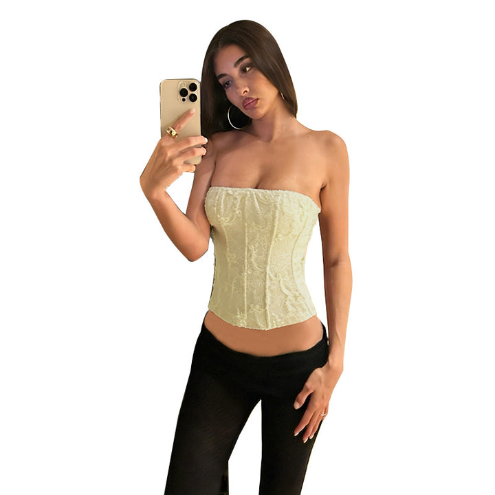 Women's corset top with intricate lace pattern and tailored fit