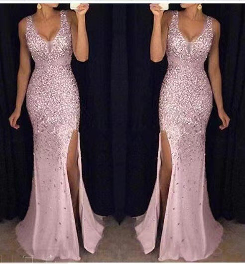 Women's Glamorous Evening Dress with Shimmering Sequins and Deep Slit Lisslune