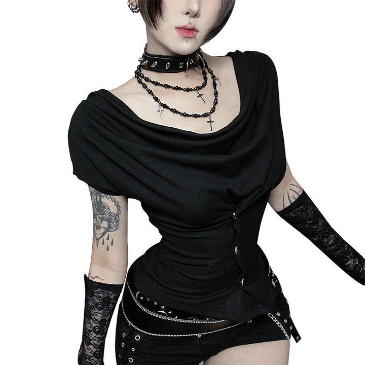 Ladies fitted drape shirt with elegant button design and asymmetrical hem Lune London