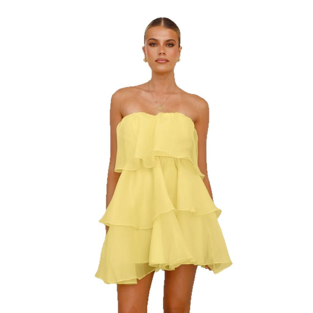 Women's Playful Chiffon Dress with Swinging Ruffle and Off-Shoulder Design