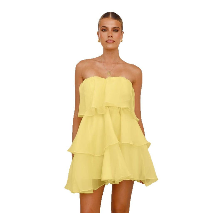 Women's Playful Chiffon Dress with Swinging Ruffle and Off-Shoulder Design
