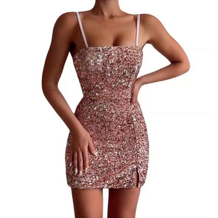 Women's Glamorous Sequin Dress with Slits and Spaghetti Straps Lisslune