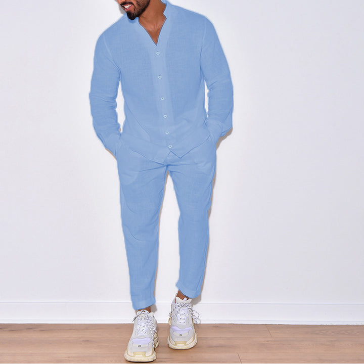 Men's casual linen outfit with button placket and elastic waistband Lisslune