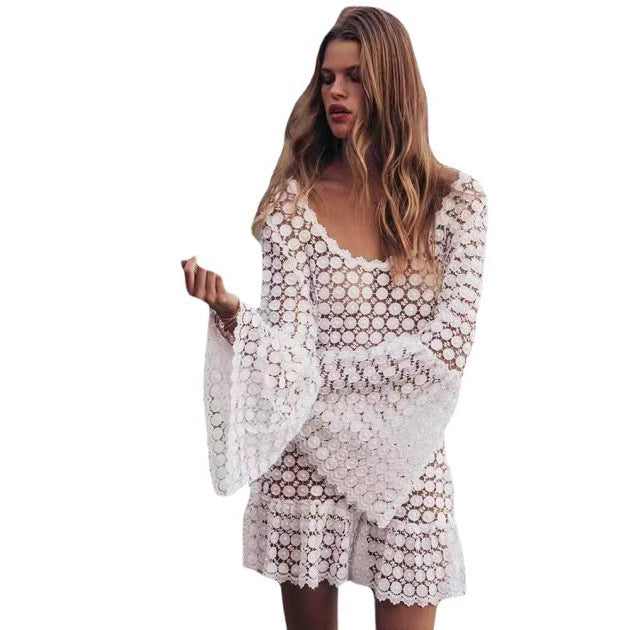 Women's swimwear dress with airy bell sleeves and decorative crochet pattern Lisslune