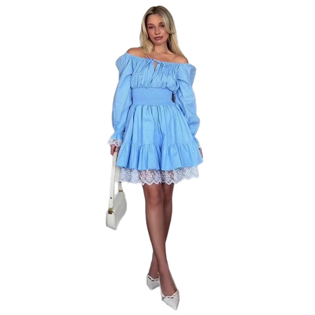 Ladies Off-Shoulder Dress with Voluminous Ruffle Details and Lace Trim Lisslune