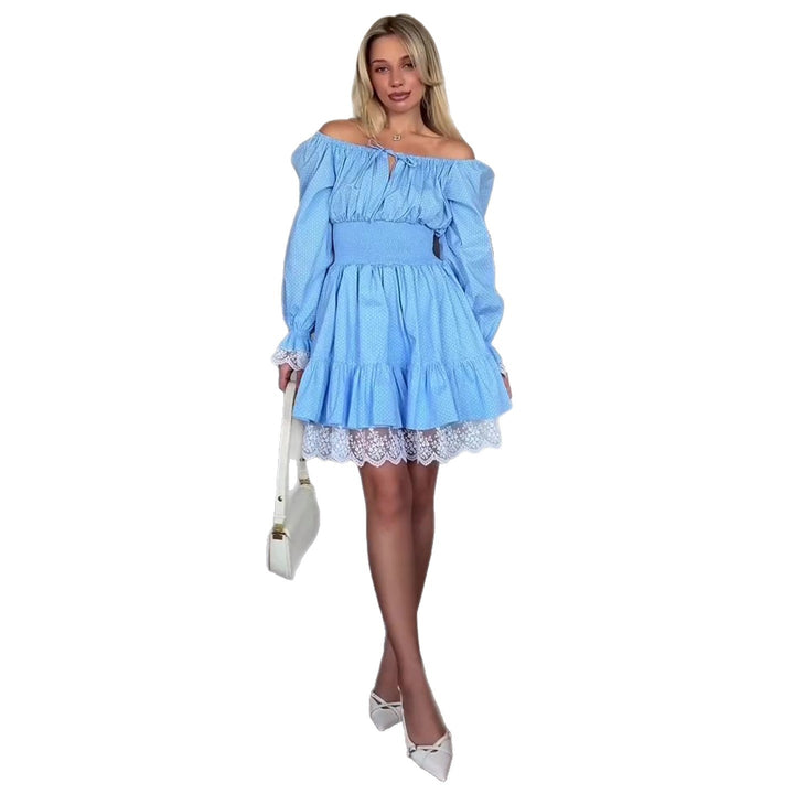 Ladies Off-Shoulder Dress with Voluminous Ruffle Details and Lace Trim Lisslune