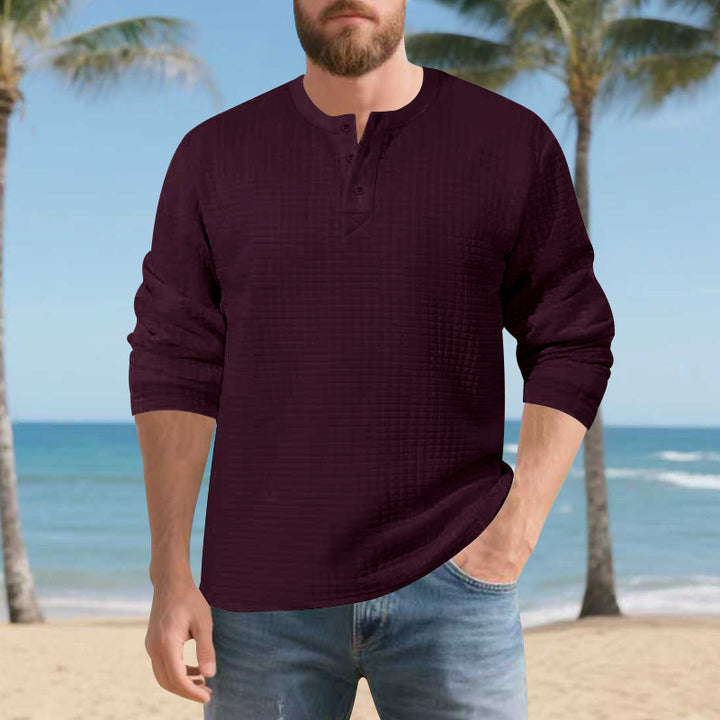 Men's Long Sleeve Henley Shirt made of comfortable waffle material with button placket Lisslune