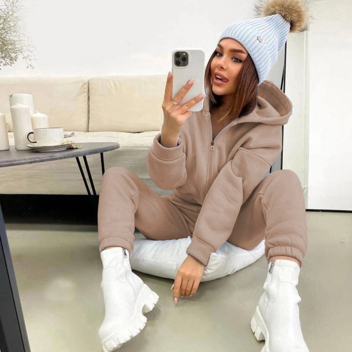 Women's sporty fleece jumpsuit with hood and zipper Lisslune