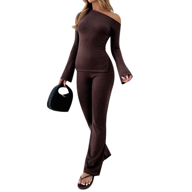 Women's fitted long sleeve shirt with off-shoulder design and flared sleeves Lune London