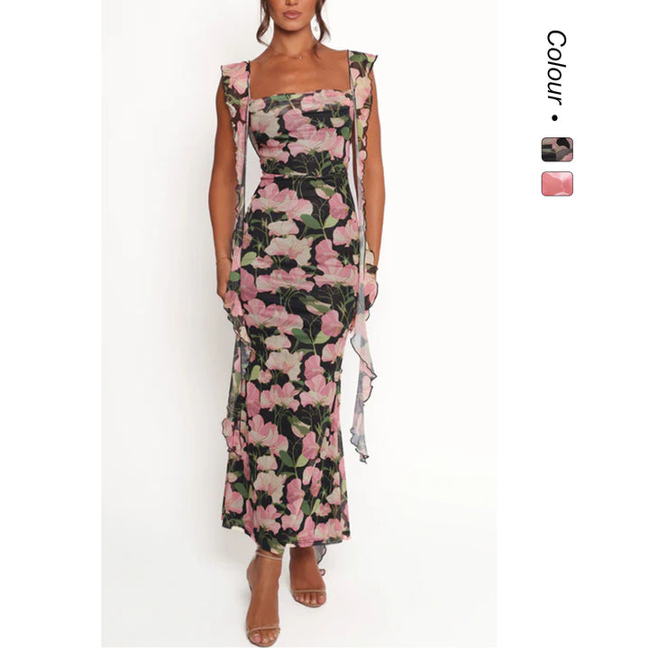 Ladies pencil dress with romantic floral design and ruffled sleeves Lune London