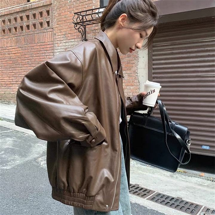 Women's Fashion Leather Jacket with Oversized Sleeves and Elastic Hem Lisslune