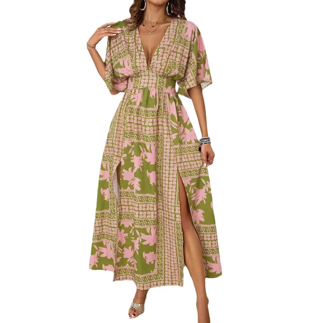 Ladies airy maxi dress with deep V-neckline and elegant ruffles
