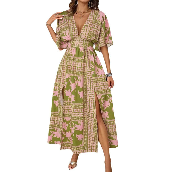 Ladies airy maxi dress with deep V-neckline and elegant ruffles