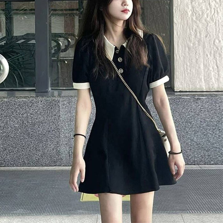 Women Short Sleeve Polo Dress with Button Details and Contrast Collar