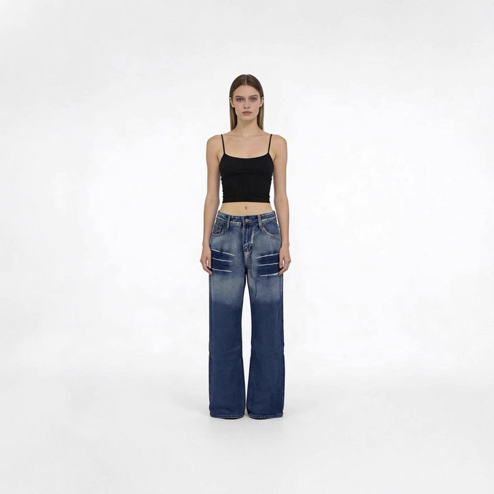 Damen weite hochgeschnittene Jeans mit besonderem Waschungseffekt Lisslune
