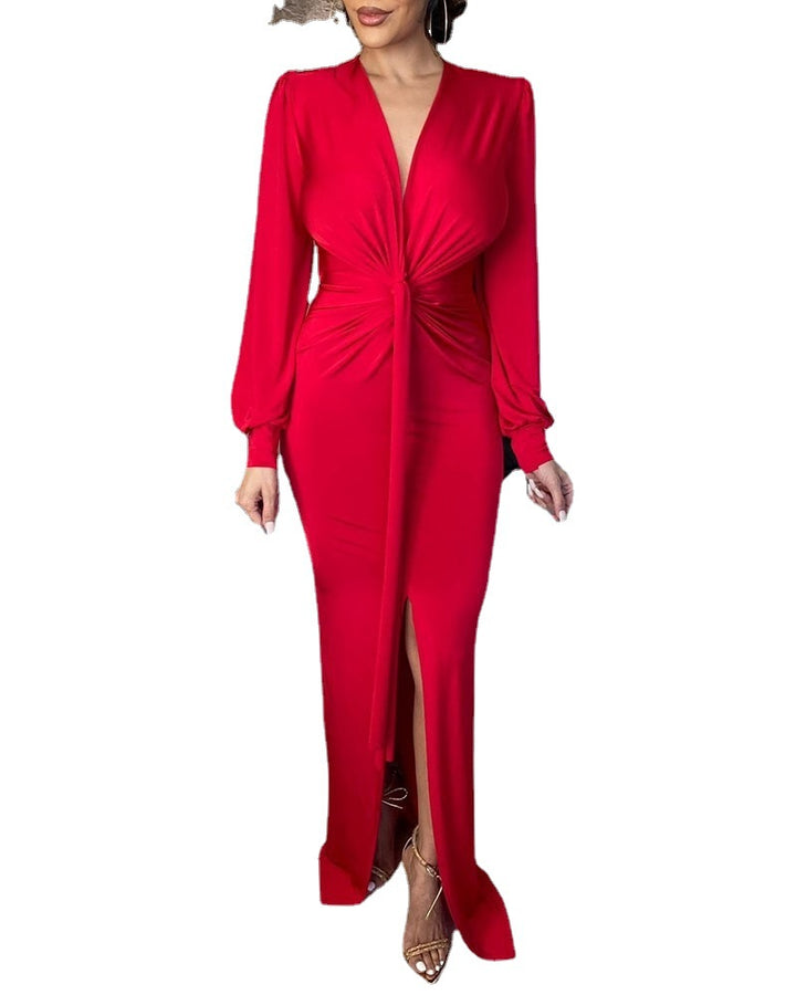 Women's Elegant Evening Dress with Deep V-Neck and Slit Lisslune