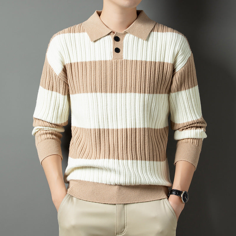 Men's Pullover with Textured Striped Pattern and Fashionable Collar Lisslune