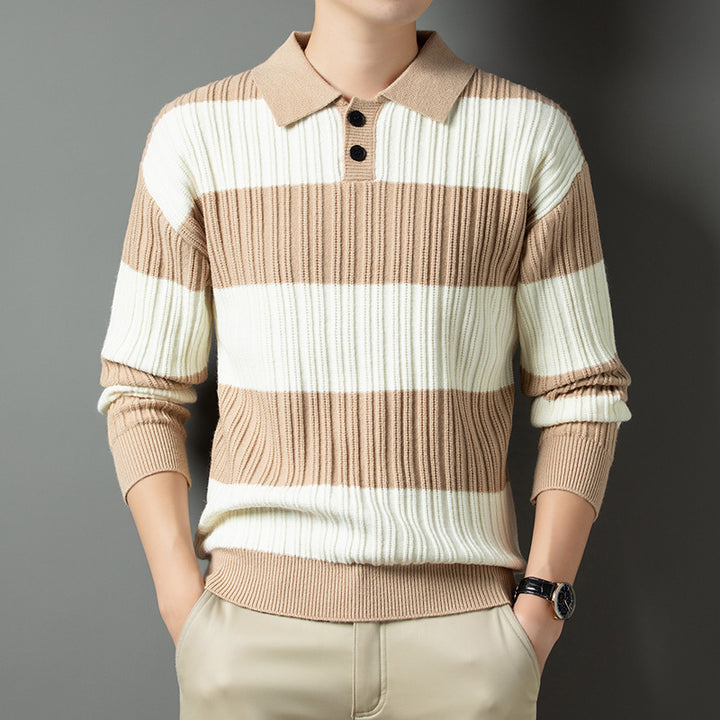 Men's Pullover with Textured Striped Pattern and Fashionable Collar Lisslune