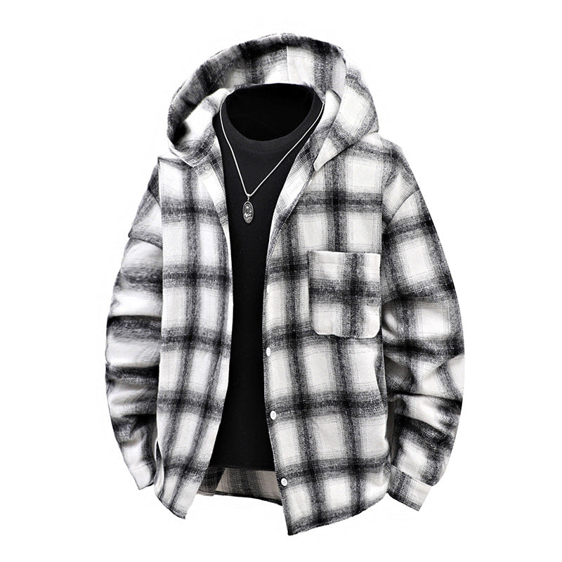 Men's Casual Checkered Mold Cover with Hood and Button Design Lisslune