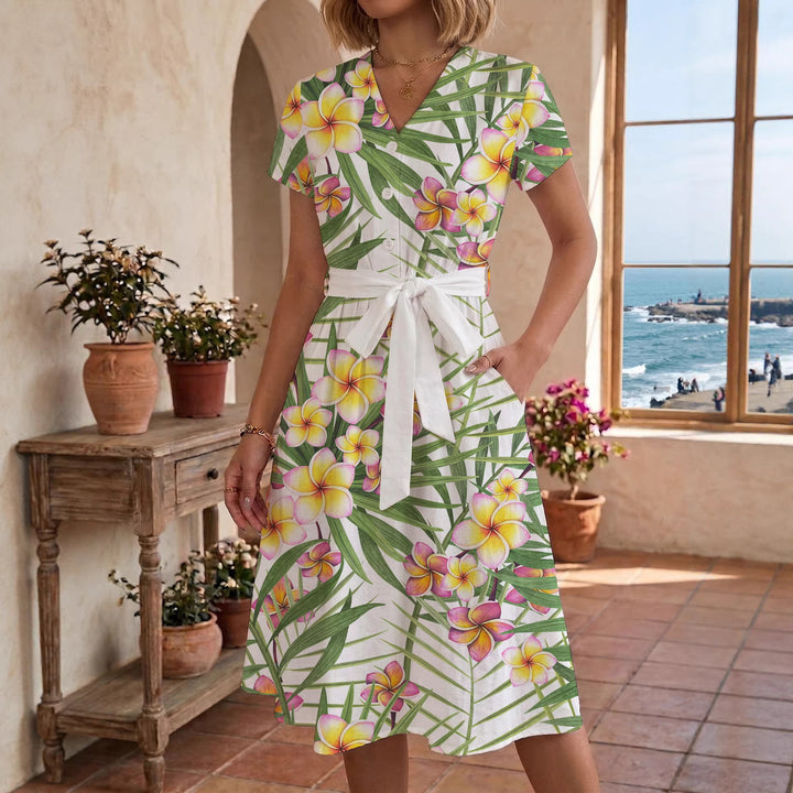 Women’s midi dress with colorful floral design and adjustable tie belt Lisslune