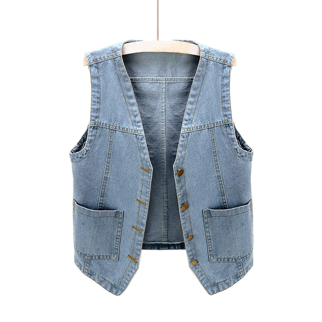 Women's Casual Denim Vest with Button Details and Patch Pockets Lisslune