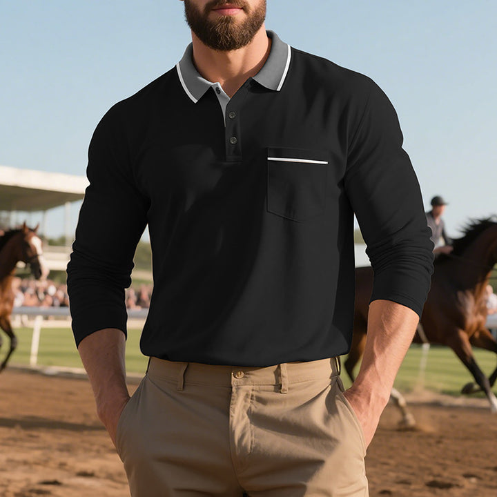 Men's Long Sleeve Polo Shirt with Textured Design and Fashionable Chest Pocket Lisslune