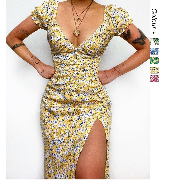 Ladies Elegant Maxi Dress with Heart-Shaped Neckline and Floral Details