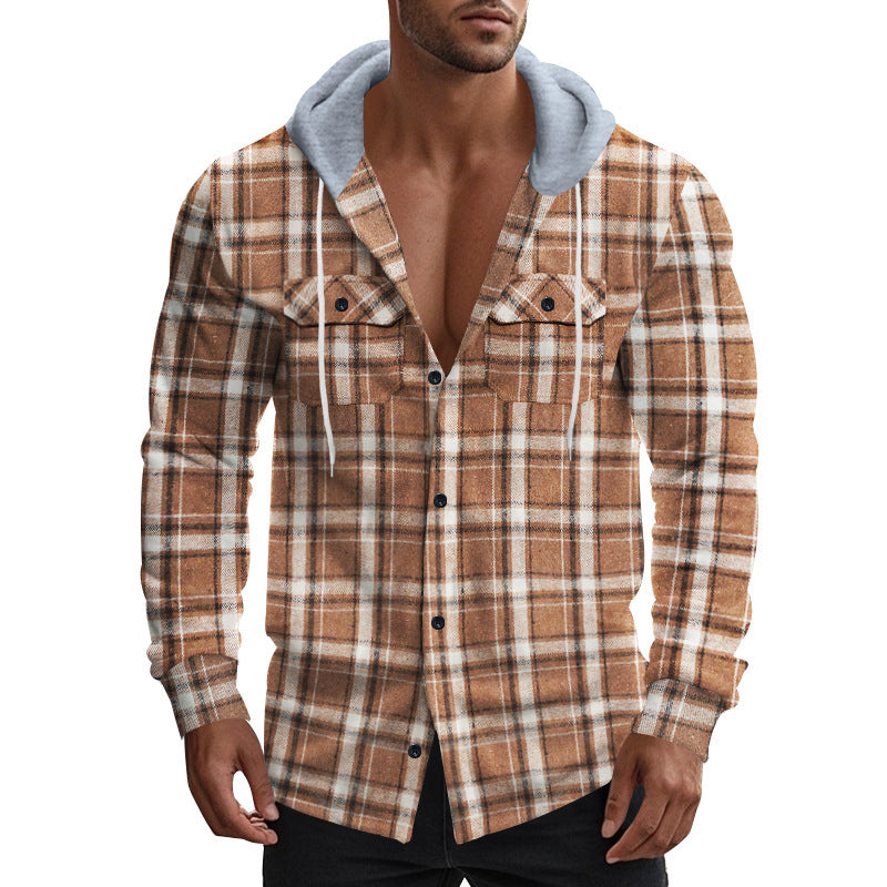 Men's Checkered Shirt Jacket with Hood and Practical Pockets Lisslune