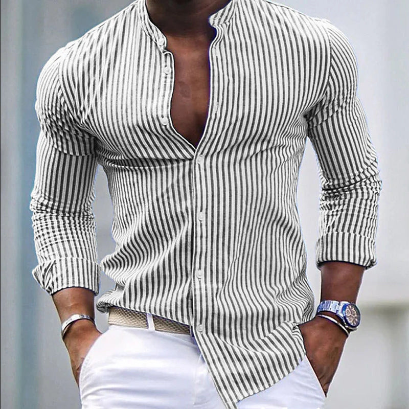 Men's long-sleeve shirt with modern stand-up collar and fine stripe structure Lisslune