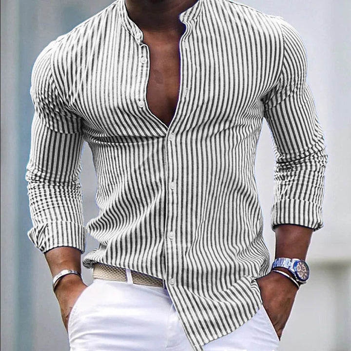 Men's long-sleeve shirt with modern stand-up collar and fine stripe structure Lisslune