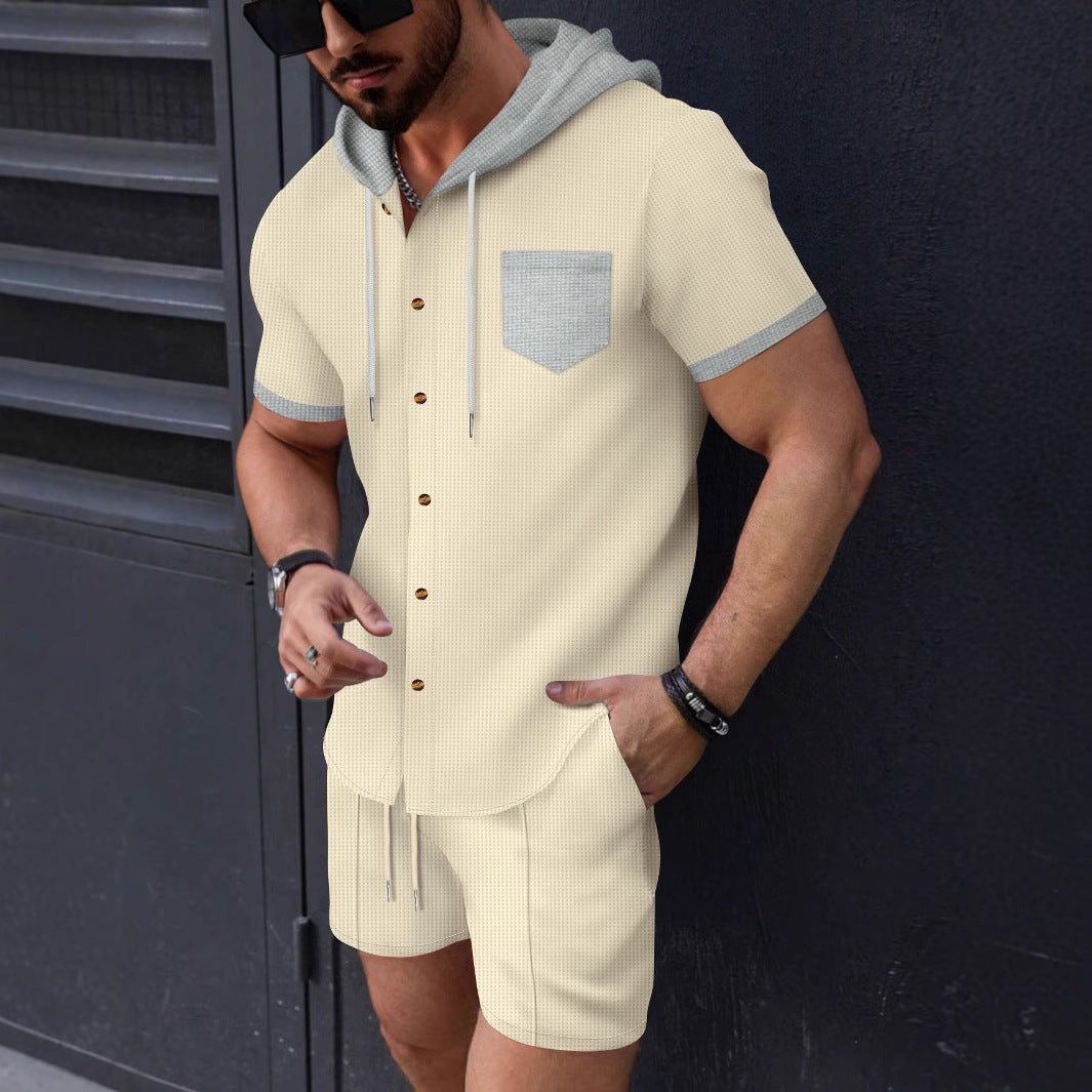 Men's fashionable short-sleeve shirt with matching shorts and practical hooded design Lisslune