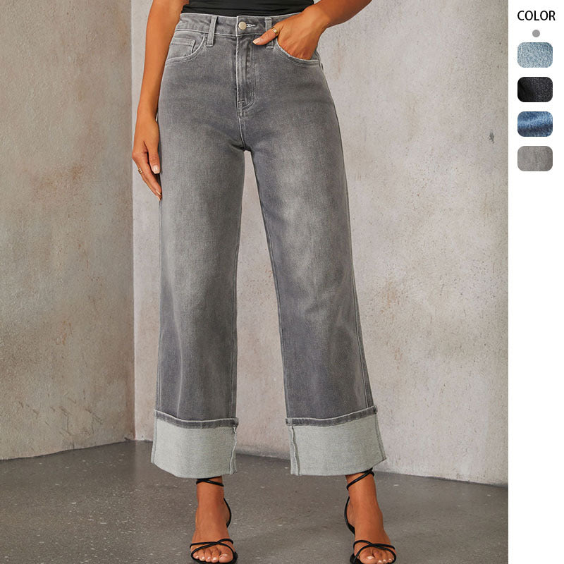 Ladies Wide Cut Jeans with Turned-Up Hem Lisslune