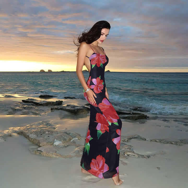 Women's fitted maxi dress with floral accents and narrow spaghetti straps Lune London