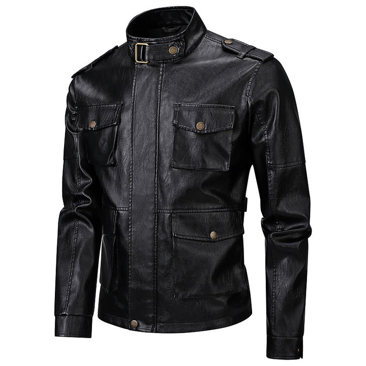 Men's military jacket made of synthetic leather with practical pockets and high collar Lisslune