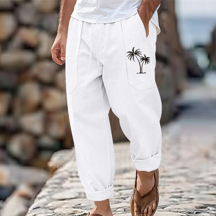 Men's airy linen cargo pants with practical pockets and palm embroidery Lisslune