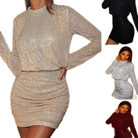 Women's form-fitting short dress with glittering accents and long-sleeved top design Lisslune