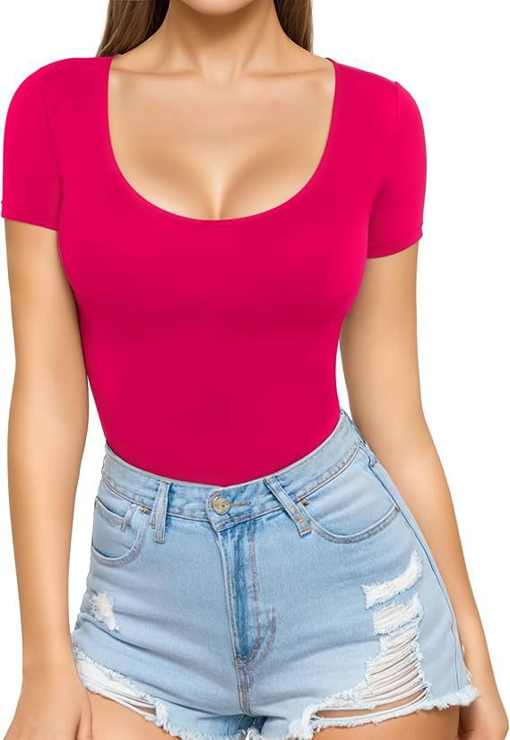 Damen figurbetontes Kurzarm-Body mit rundem Ausschnitt und nahtlosem Design Lisslune