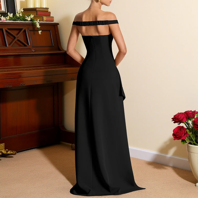 Women's elegant off-shoulder evening dress with high slits and V-neck