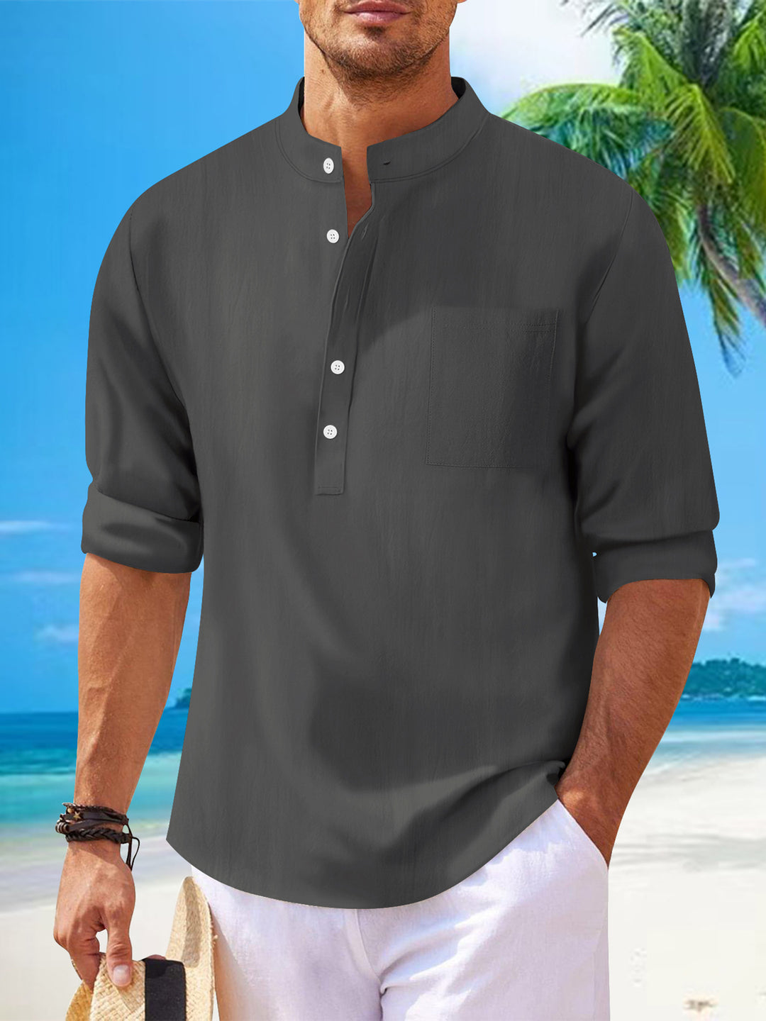 Men's shirt with modern stand-up collar and practical chest pocket Lisslune