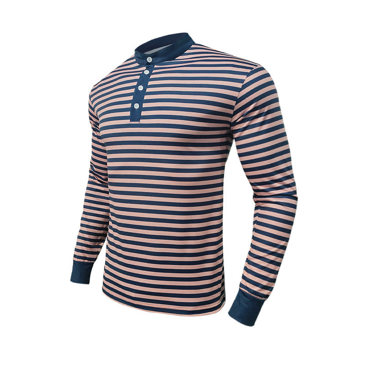 Men's Long Sleeve Shirt with Textured Striped Pattern and Sporty Collar Lisslune