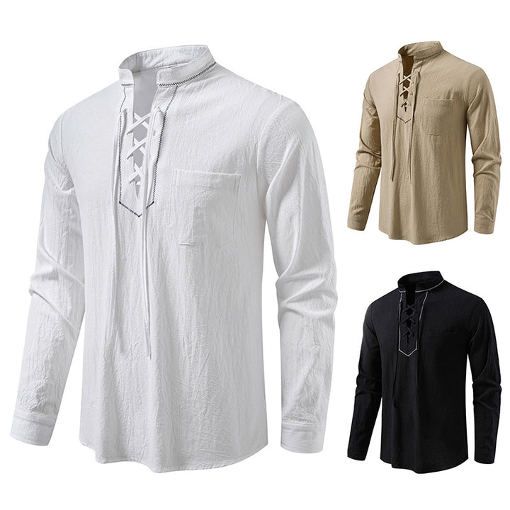Men's long sleeve shirt with high-quality stand-up collar and decorative lacing Lisslune