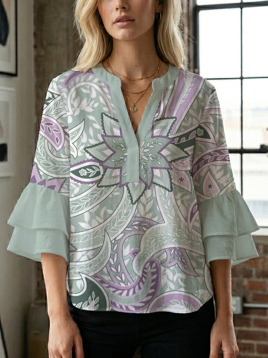 Women's blouse with voluminous ruffle sleeves and creative floral design Lisslune