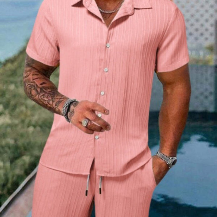 Men's short-sleeve leisure suit with textured design and elastic waistband Lisslune