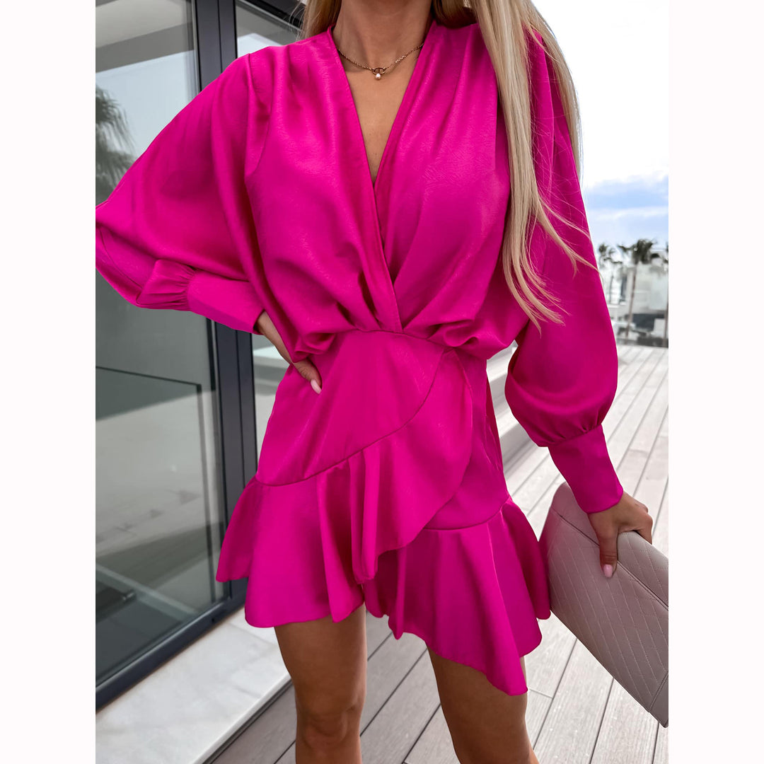 Women's wrap dress with voluminous sleeves and flowing hem