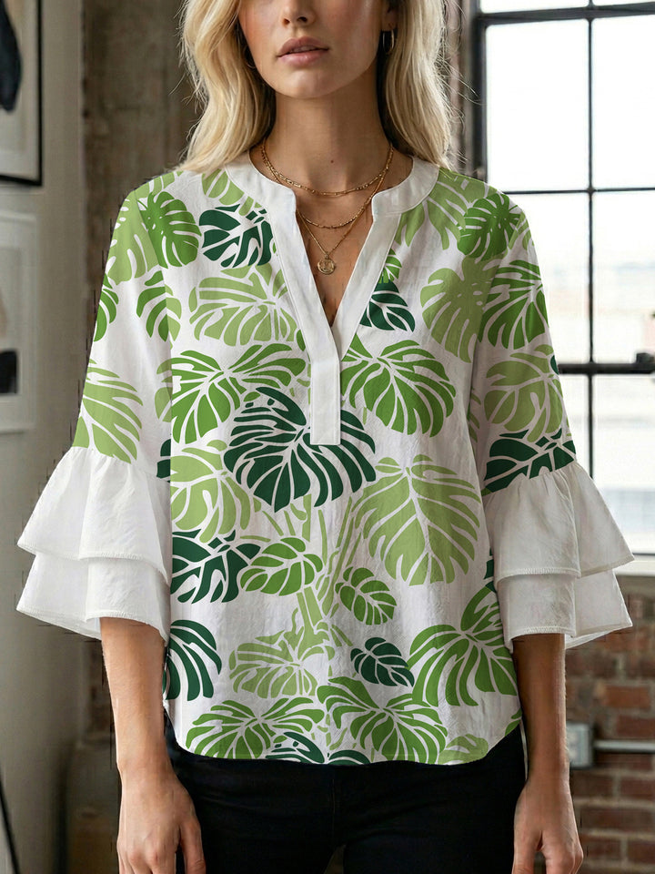 Women's blouse with voluminous wing sleeves and intense leaf pattern Lisslune