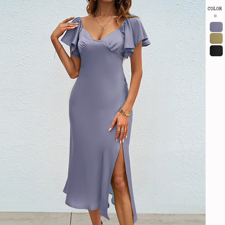 Women's midi dress with voluminous ruffle details and side slit Lisslune