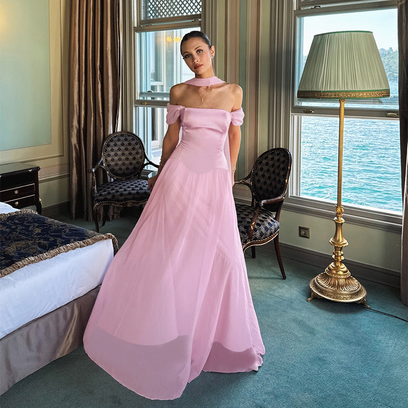 Women's Elegant Evening Dress with Off-Shoulder Puff Sleeves and Choker