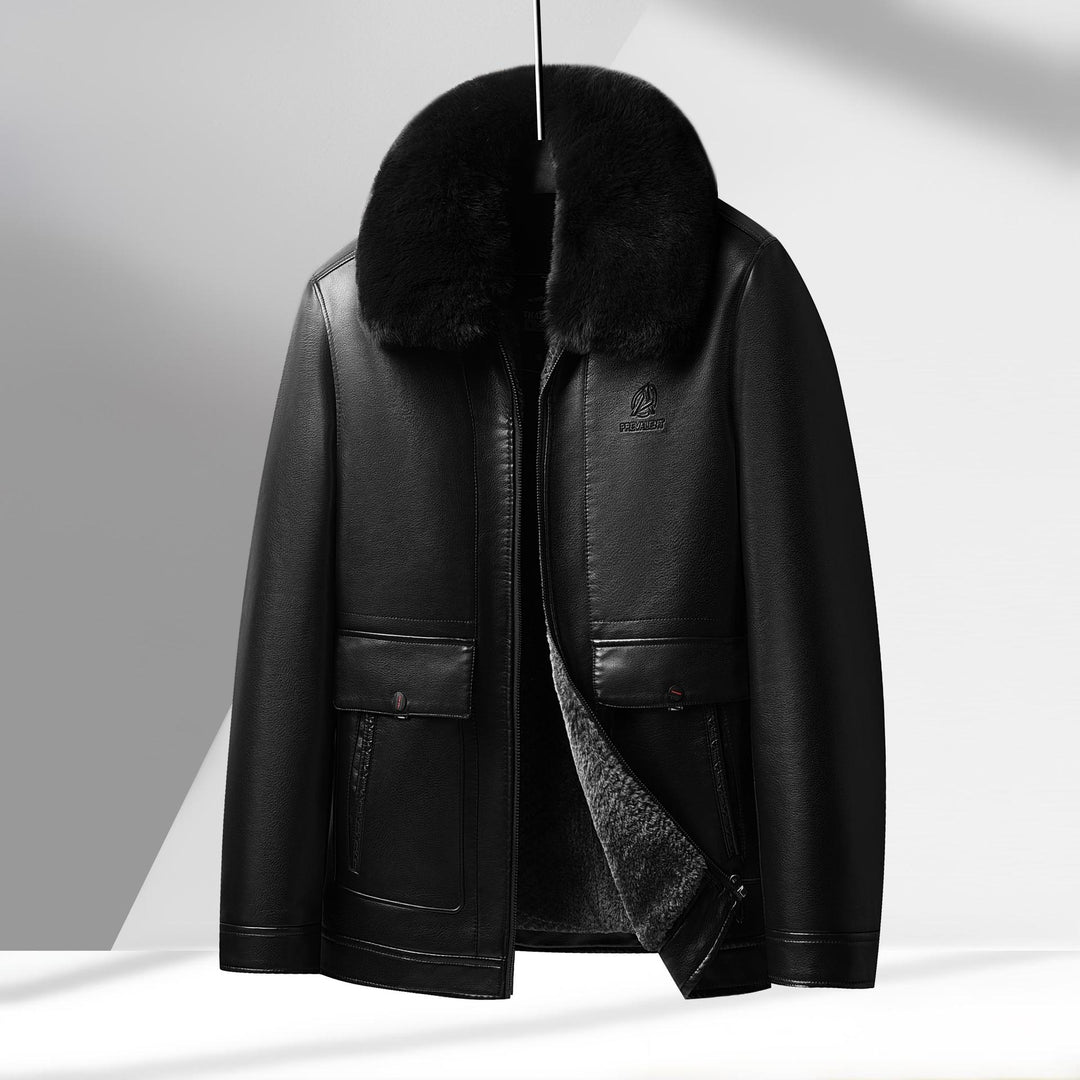 Men's Luxurious Leather Jacket with Removable Synthetic Fur Collar Lisslune