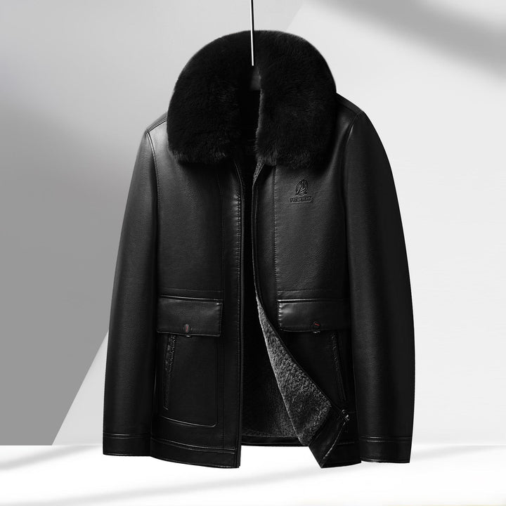 Men's Luxurious Leather Jacket with Removable Synthetic Fur Collar Lisslune